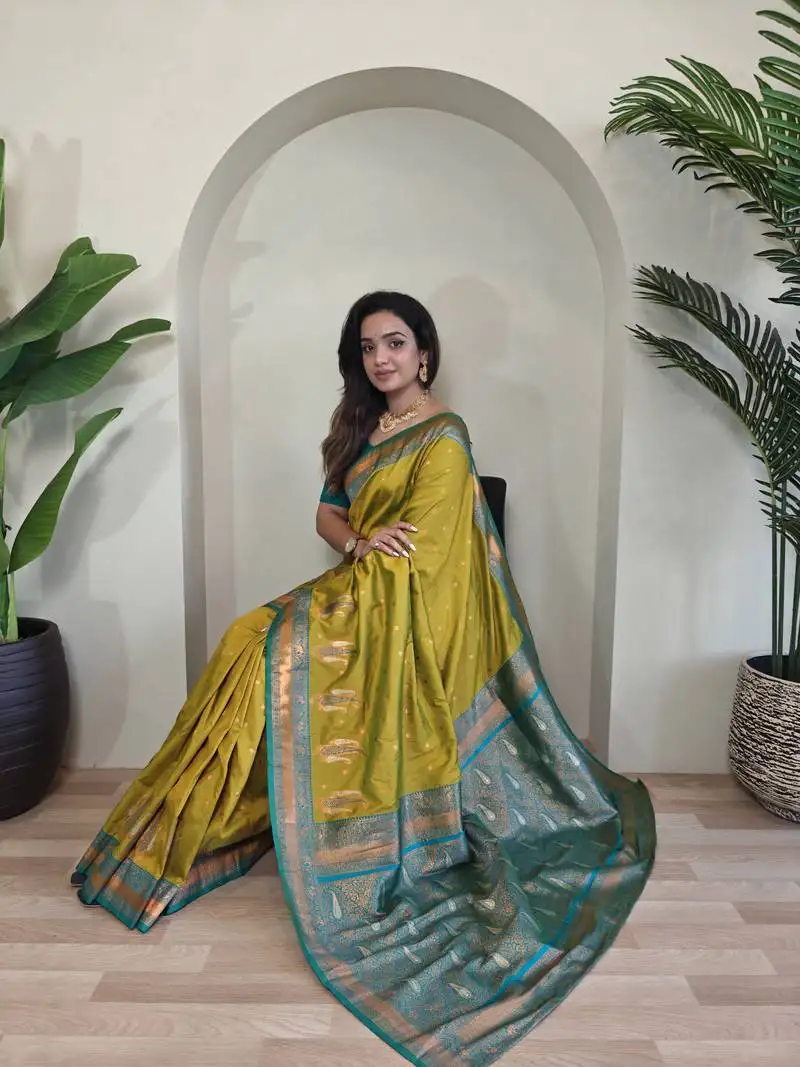 Lemon yellow paithani silk blend saree with contrast weaving pallu and blouse