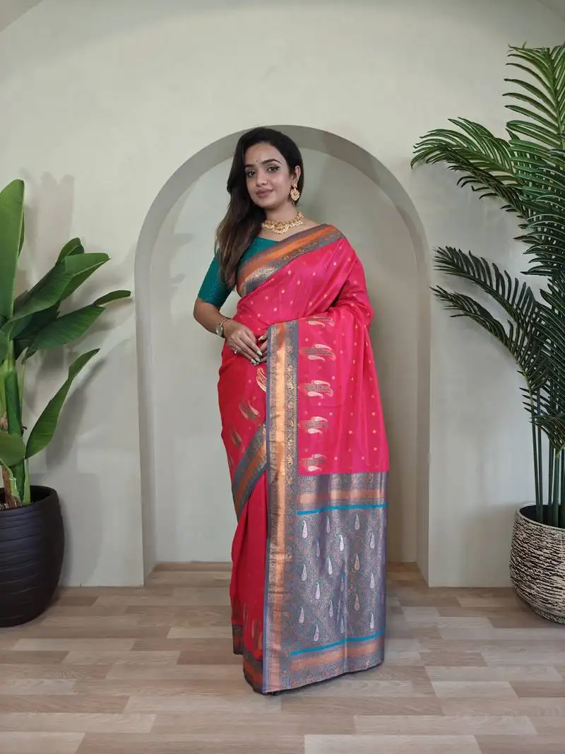 Pink paithani silk blend saree with contrast weaving pallu and blouse