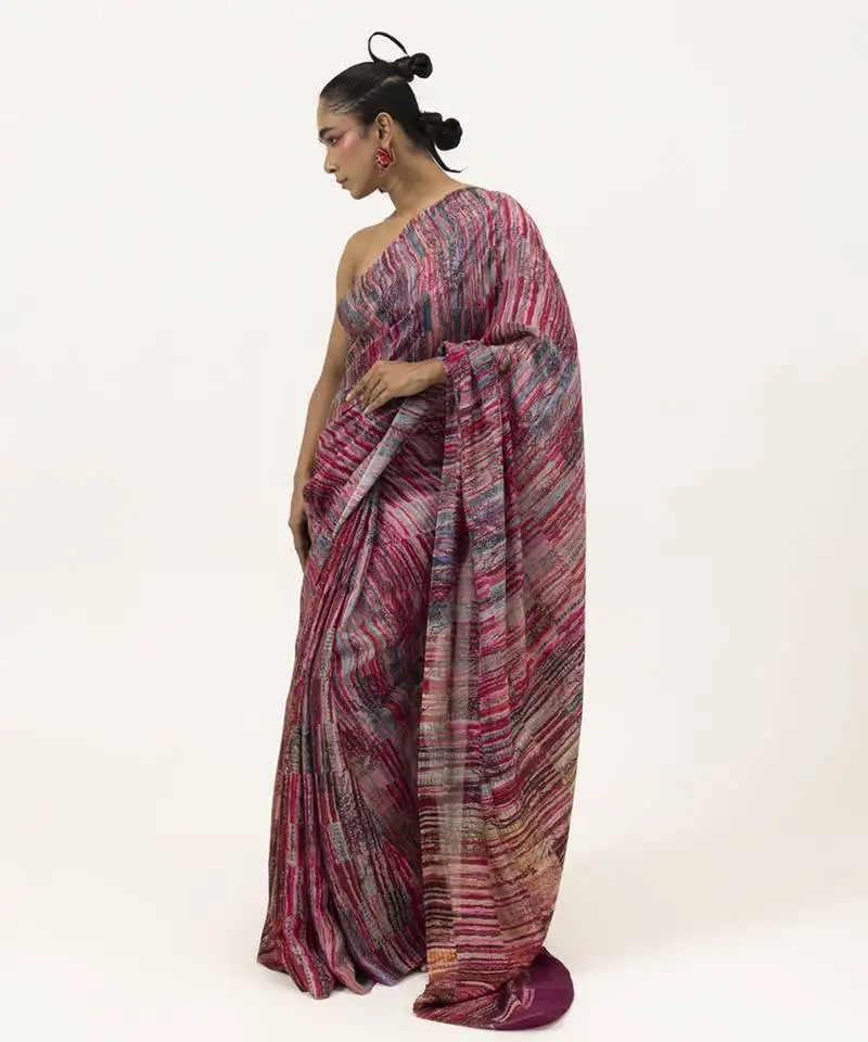 Pink silk stripes printed saree