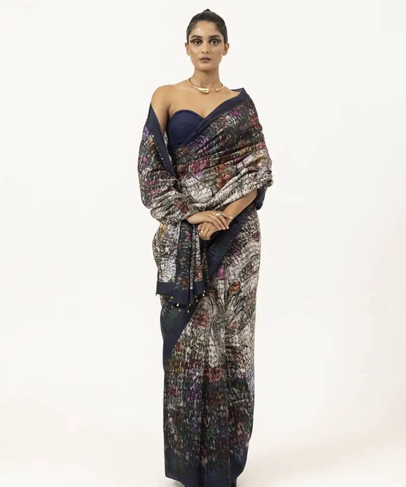 navy blue silk abstract printed saree