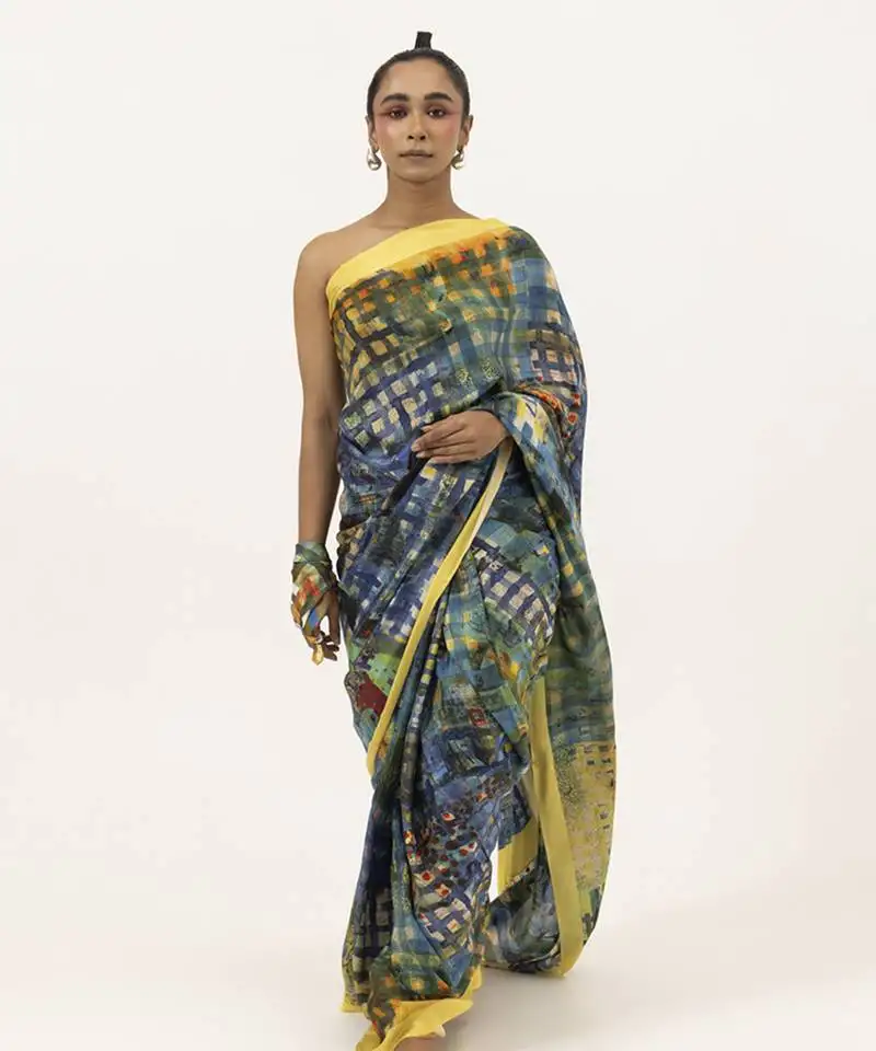 Blue silk geometric printed saree