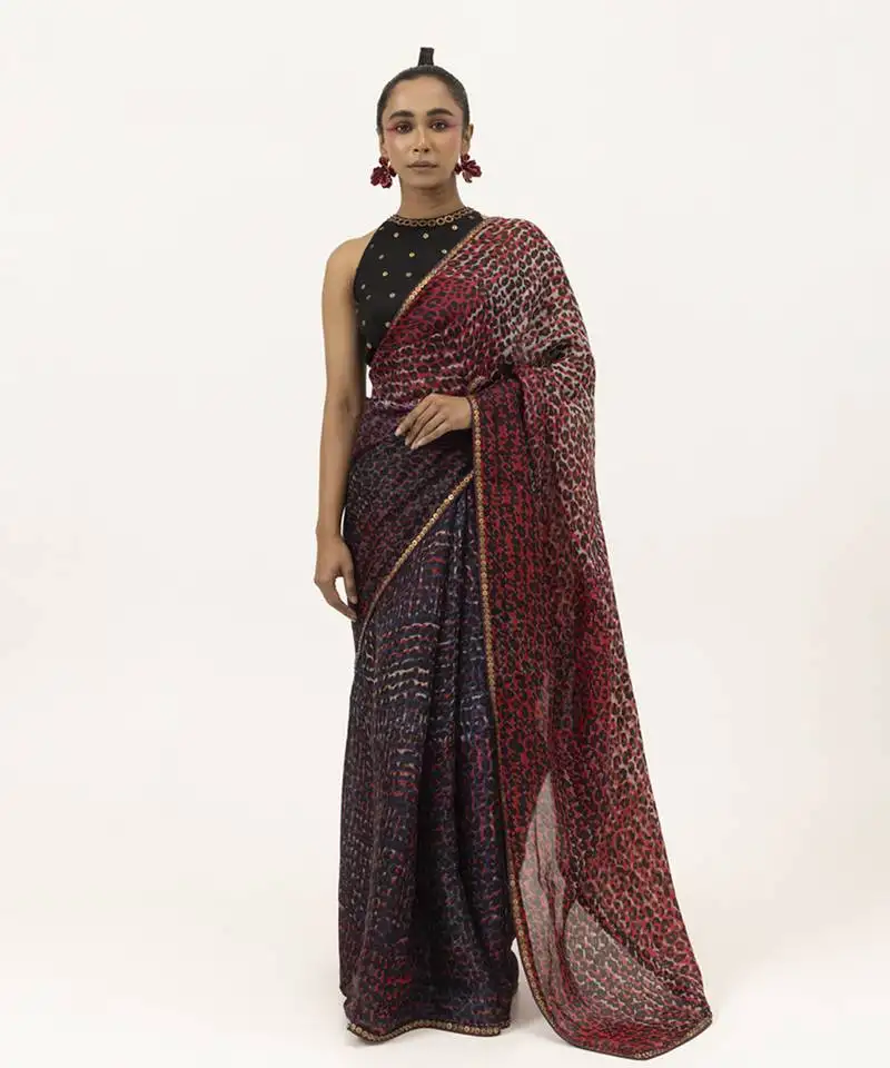 Red silk abstract printed saree