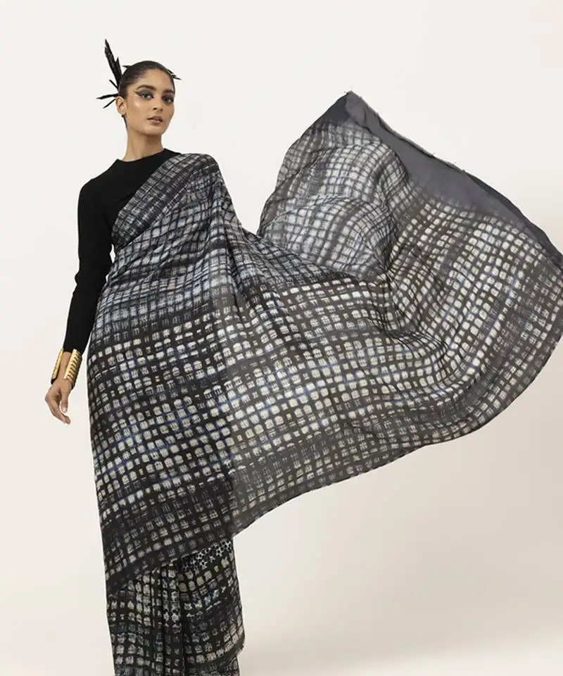 Blue silk abstract printed saree