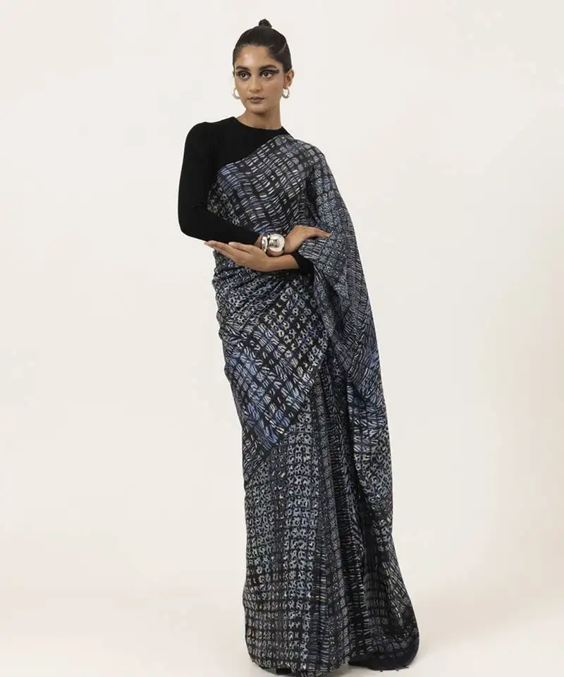 Blue abstract printed silk saree