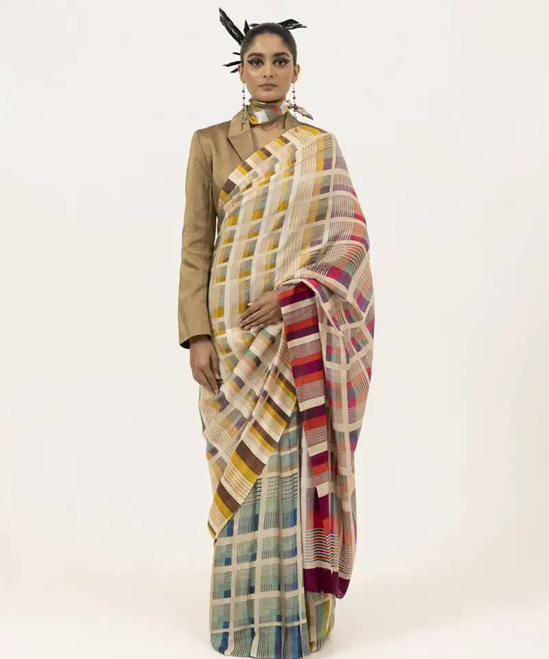 multicolor geometric printed silk saree