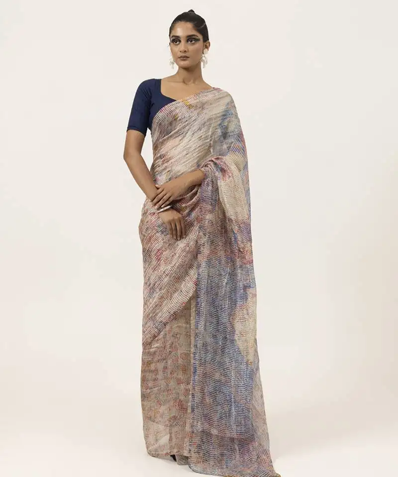 Pastel silk stripes printed saree