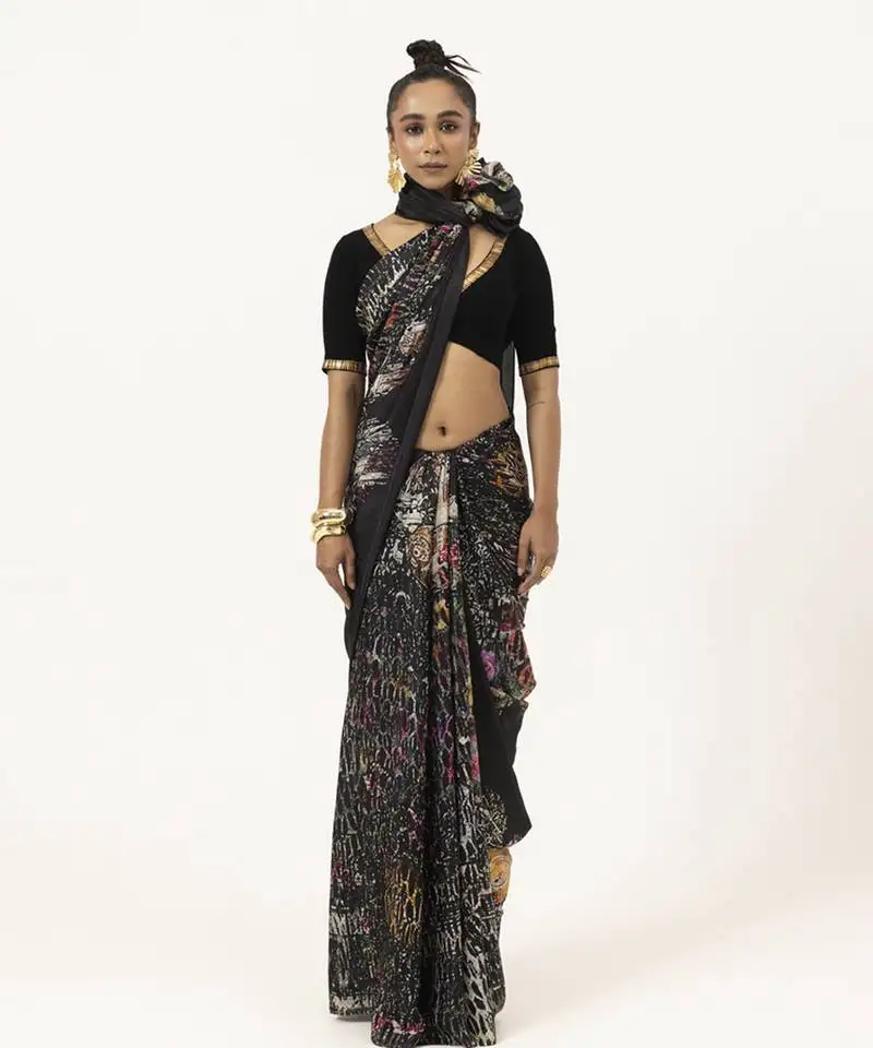 Black silk abstract printed saree