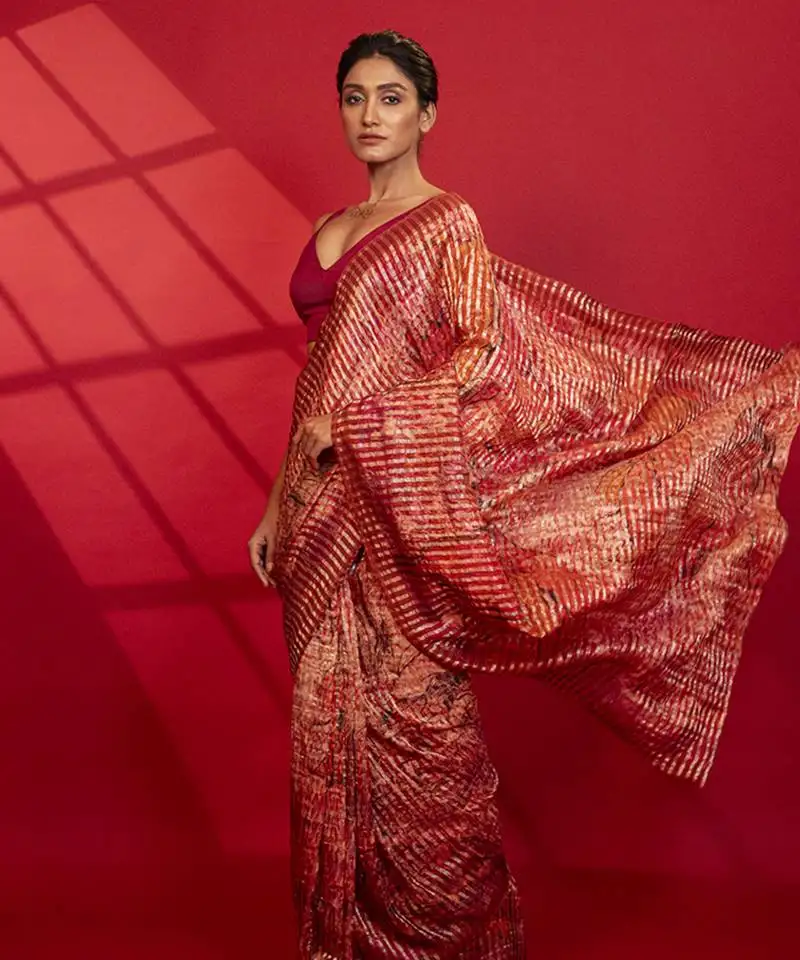 Red cotton silk stripes printed saree