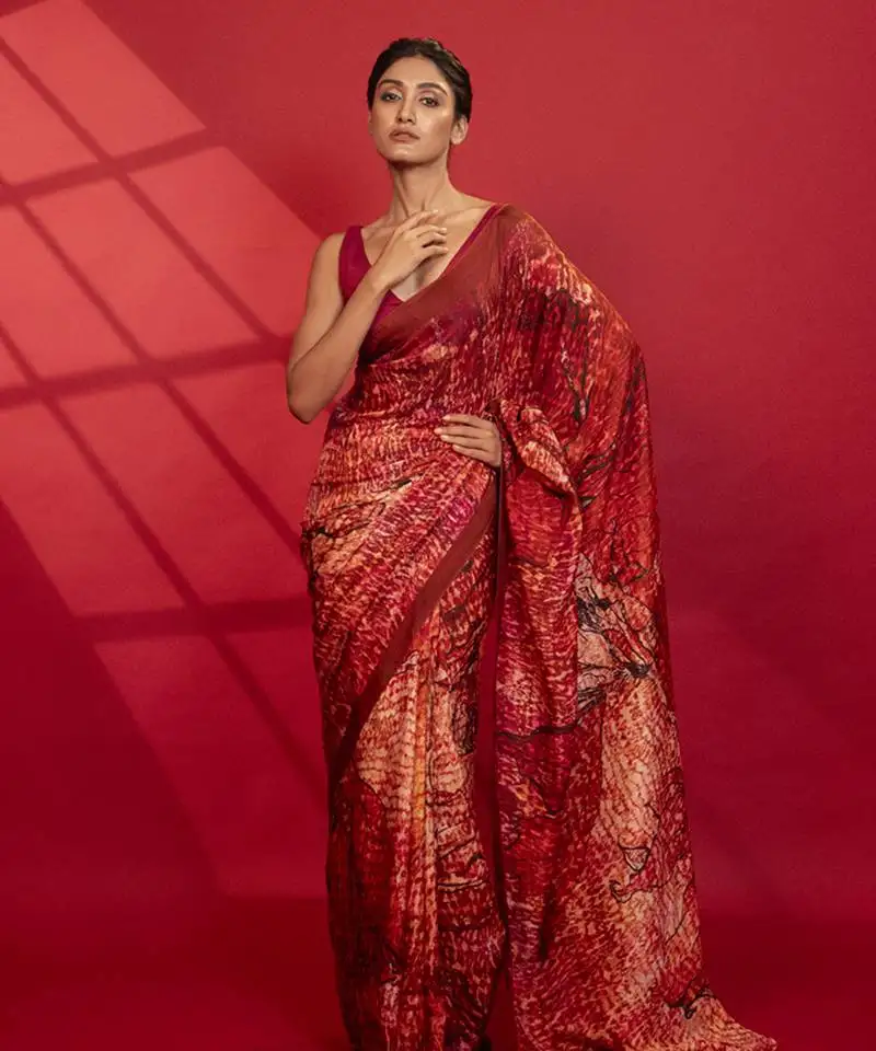 Red abstract printed silk saree