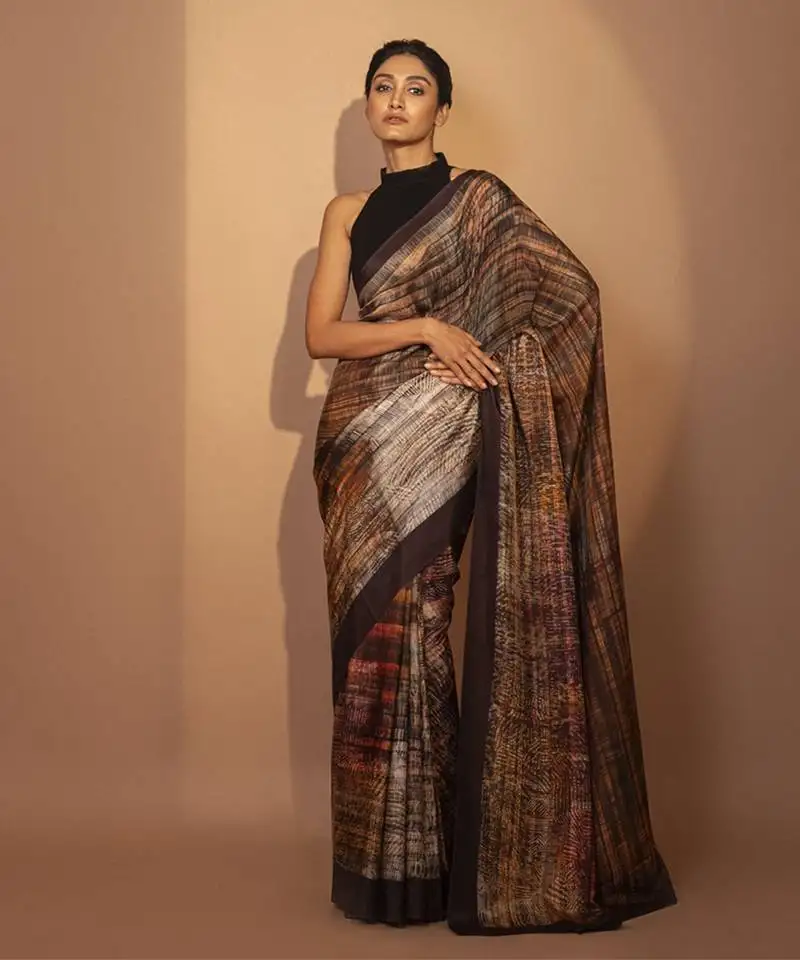 Brown silk abstract printed saree