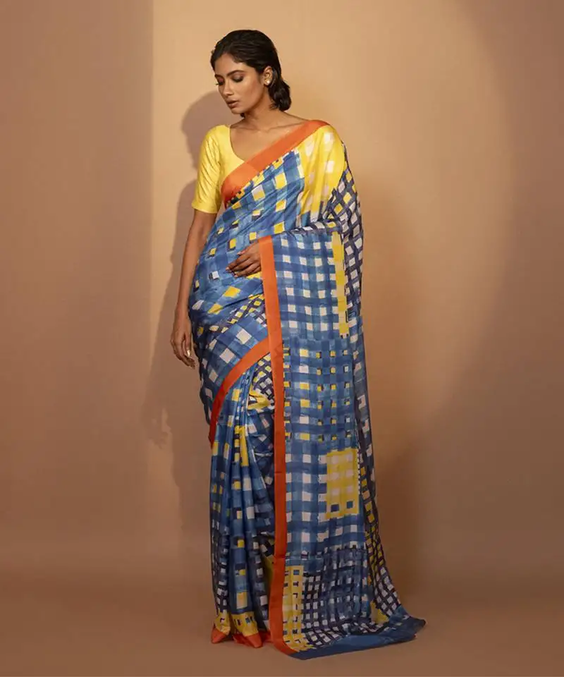 Blue geometric printed silk saree