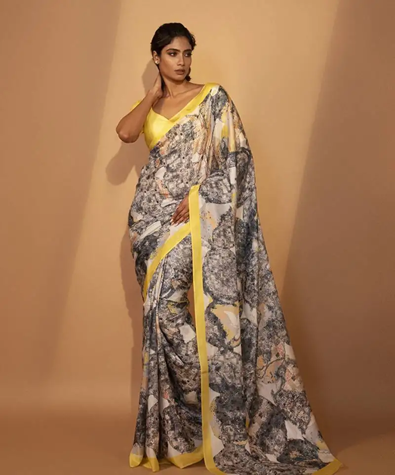 Grey silk floral printed saree