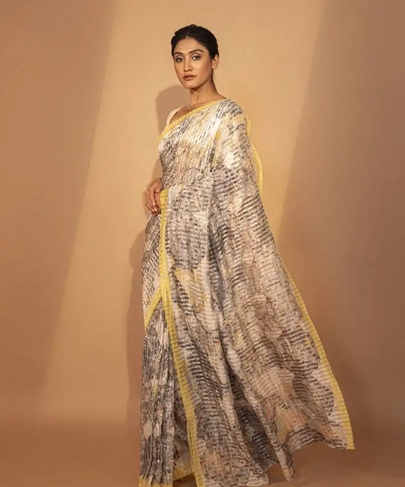 Grey cotton silk stripes printed saree
