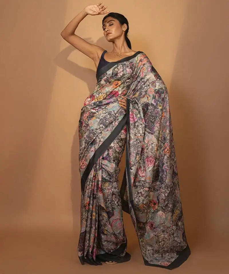 Grey floral printed silk saree