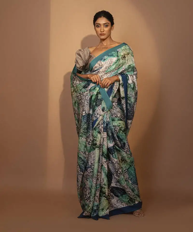 Blue silk floral printed saree