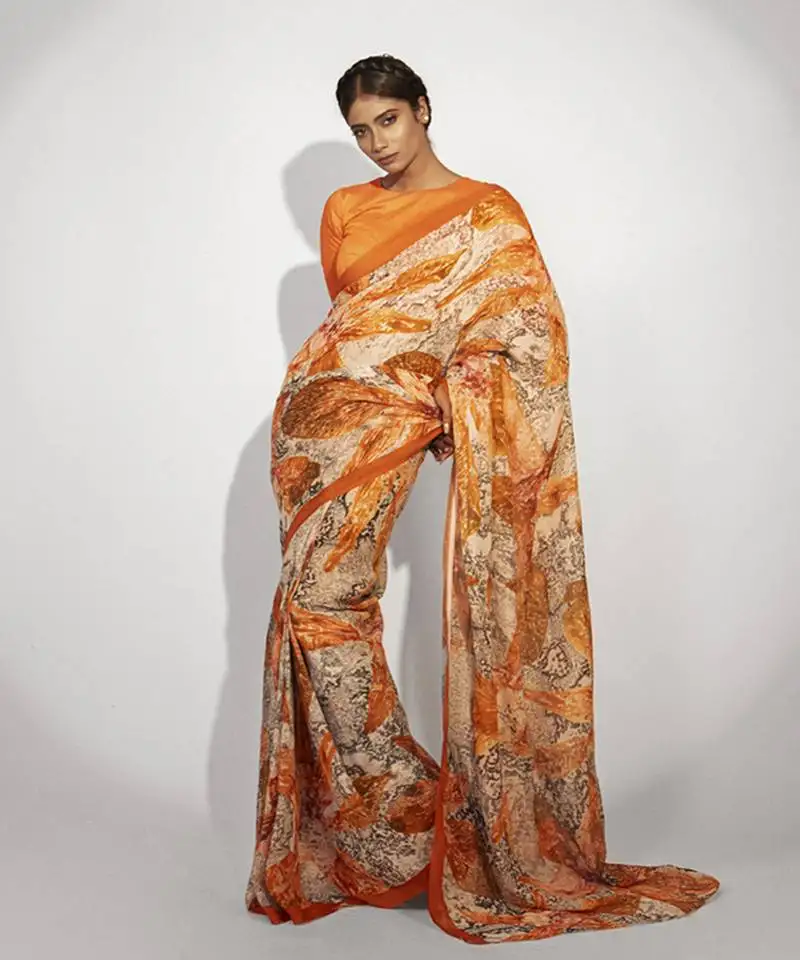 Orange satin floral printed saree
