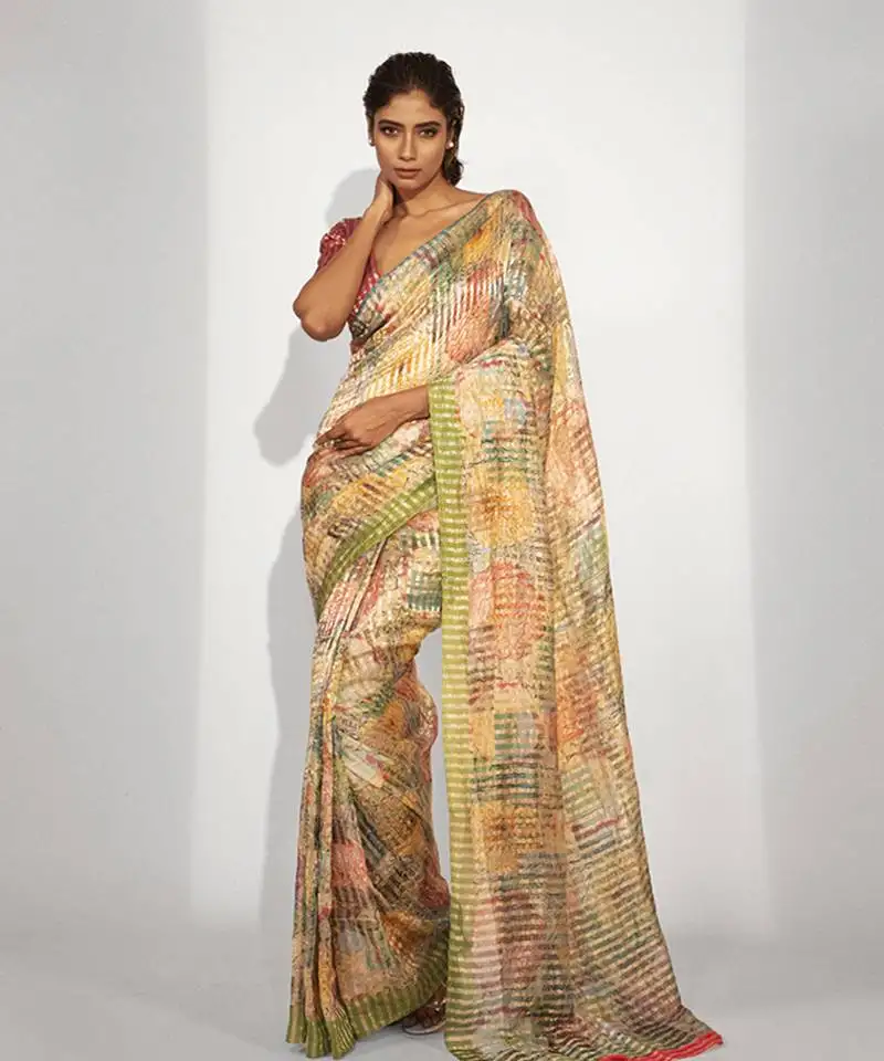 multicolor cotton silk stripes printed saree