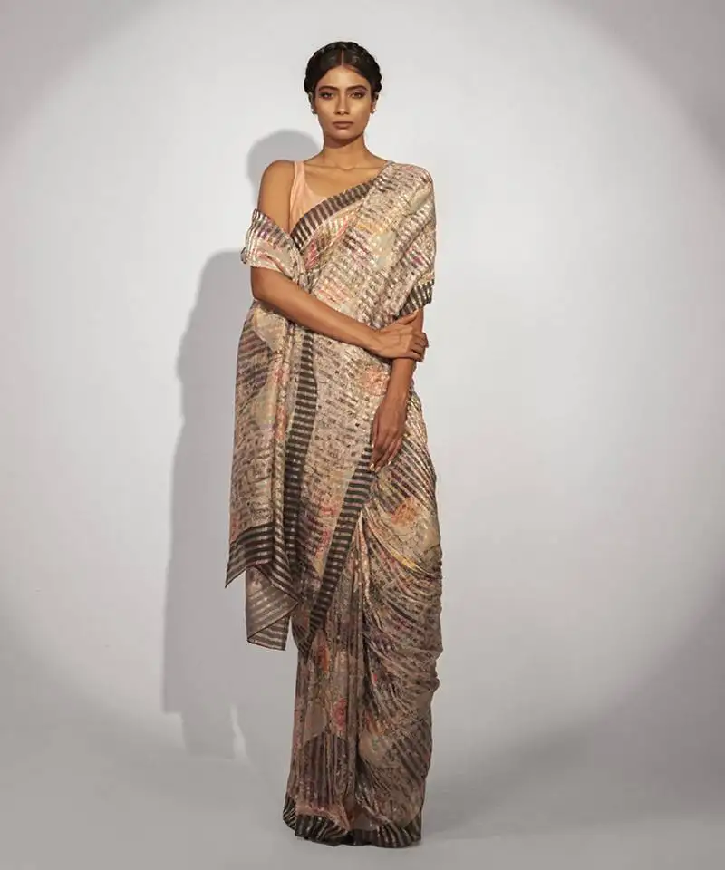 multicolor stripes printed cotton silk saree