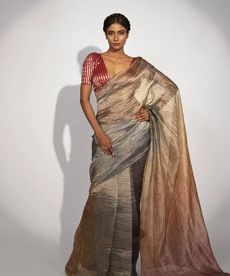 Grey tissue stripes printed saree