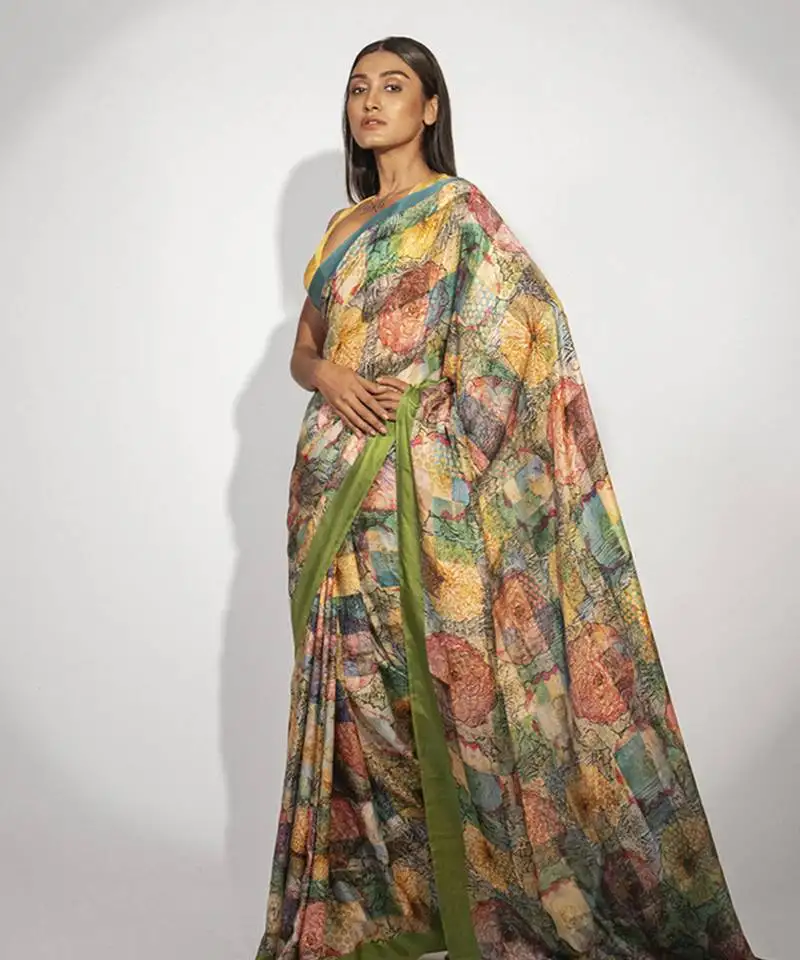 multicolor floral printed silk saree