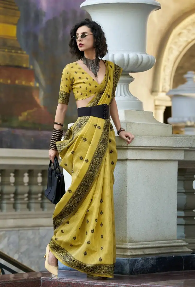 Lemon tissue silk saree with unstitched blouse