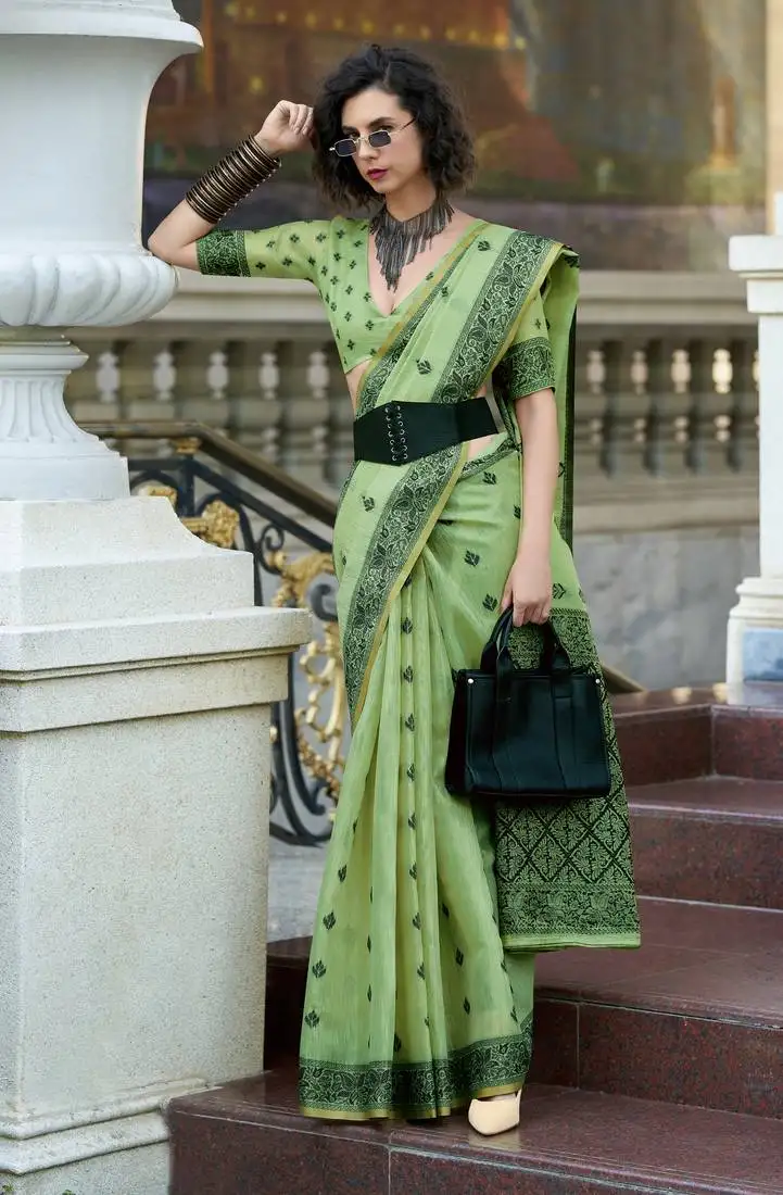 Pista tissue silk saree with unstitched blouse