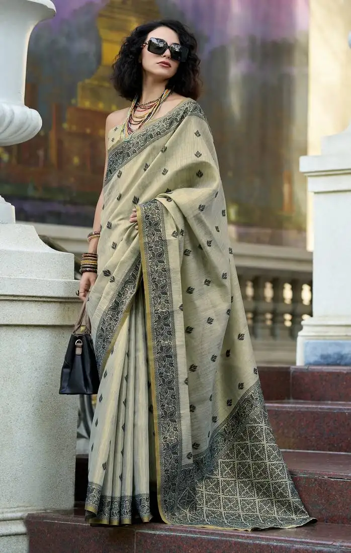 Mehndi tissue silk saree with unstitched blouse