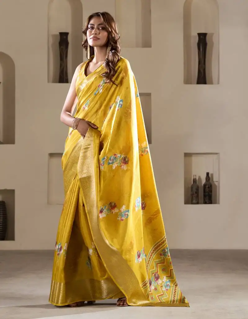 Yellow dola silk blend saree with unstitched blouse