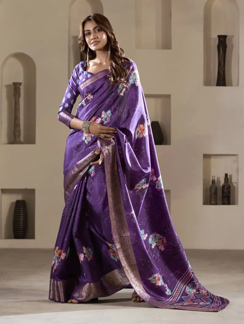 Purple dola silk blend saree with unstitched blouse
