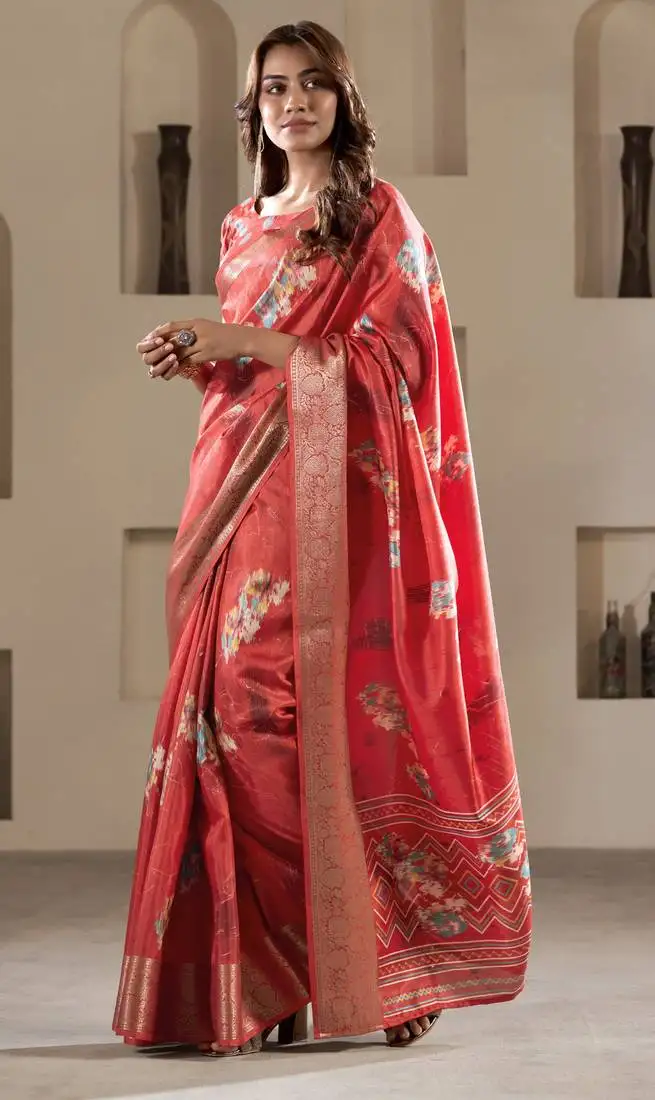 Red dola silk blend saree with unstitched blouse
