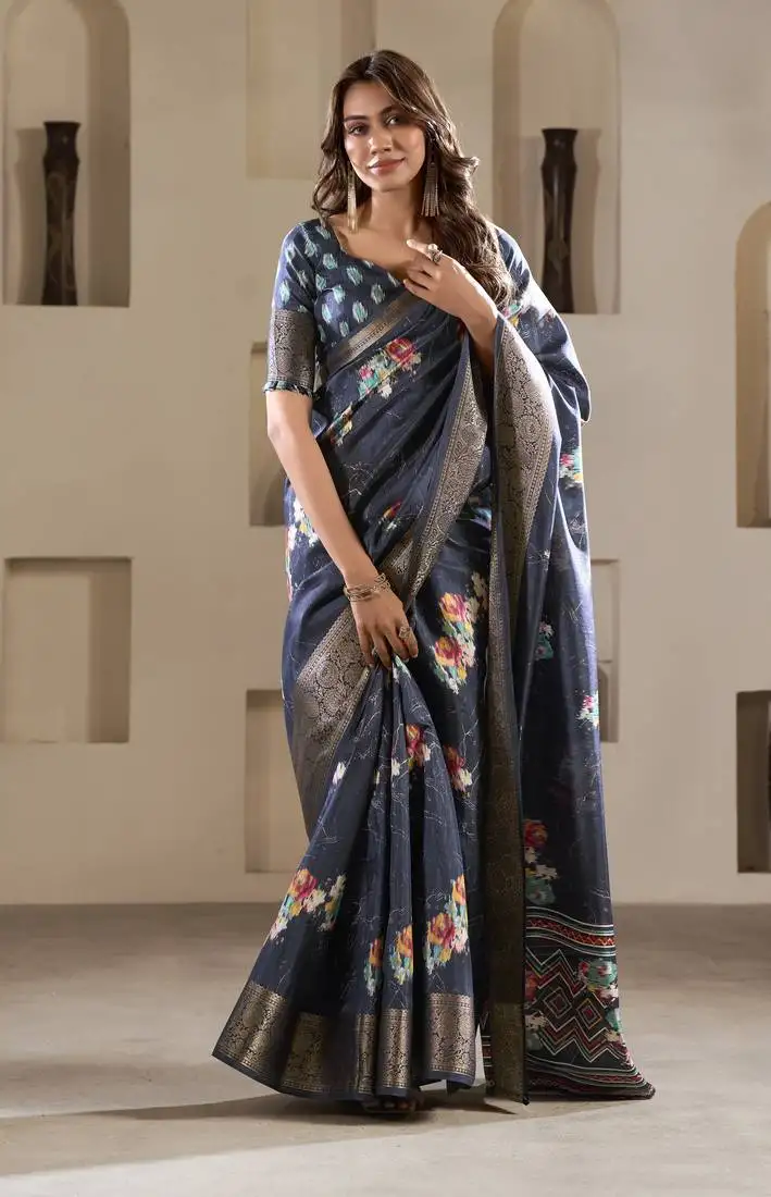 Navy blue dola silk blend saree with unstitched blouse