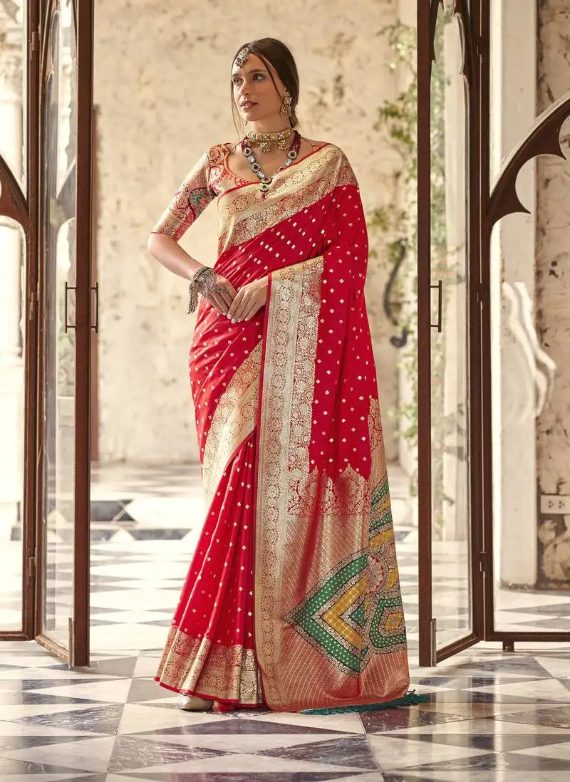 Red soft silk blend saree with unstitched blouse