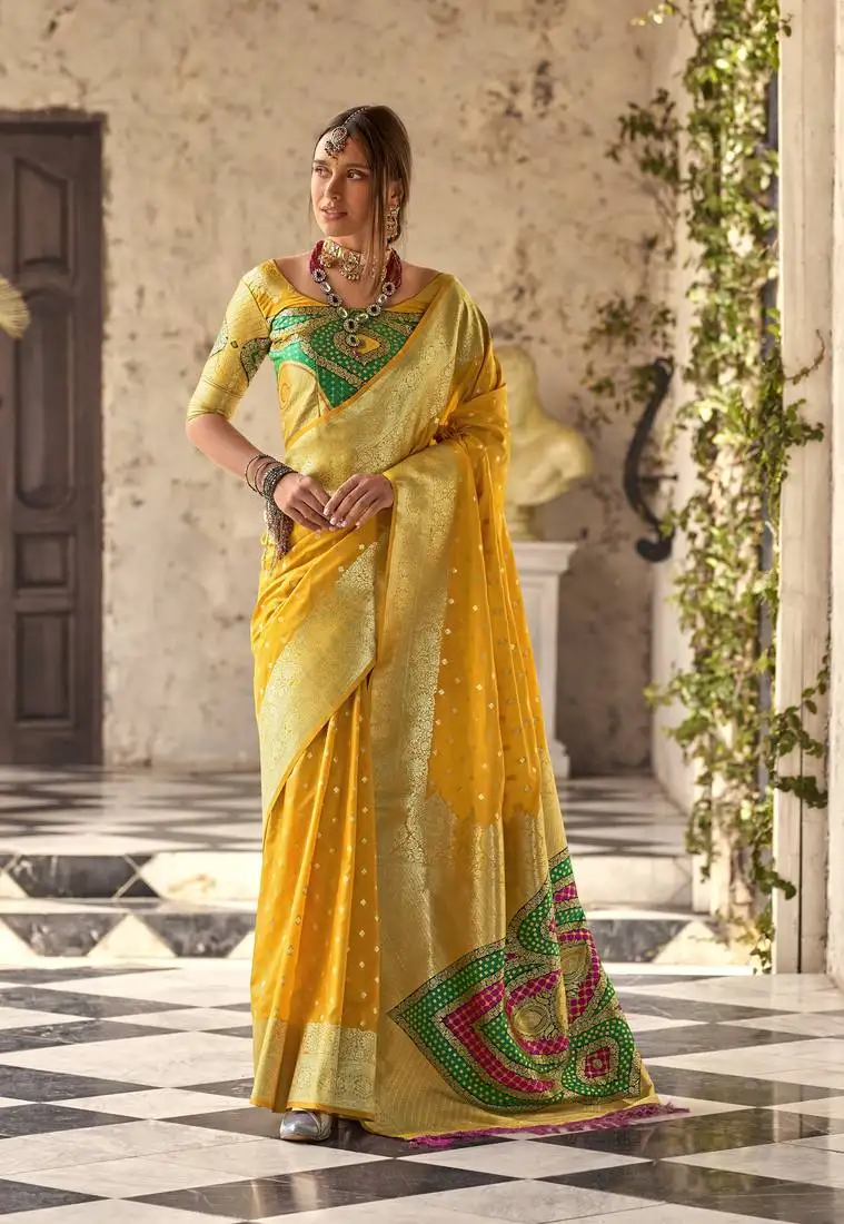 Yellow soft silk blend saree with unstitched blouse