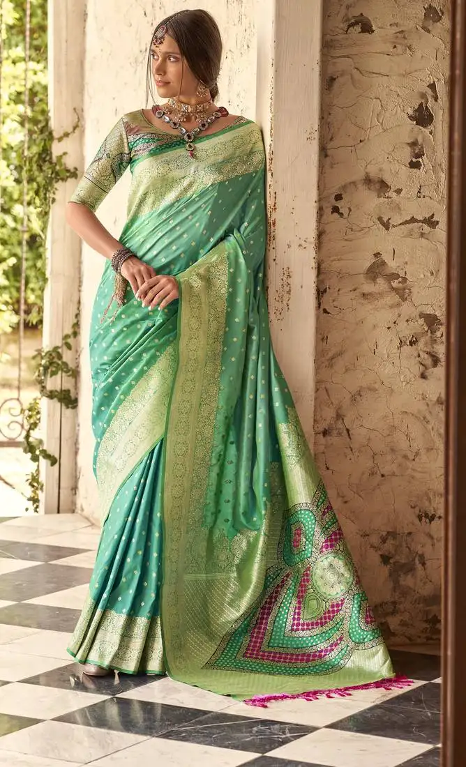 Turquoise soft silk blend saree with unstitched blouse