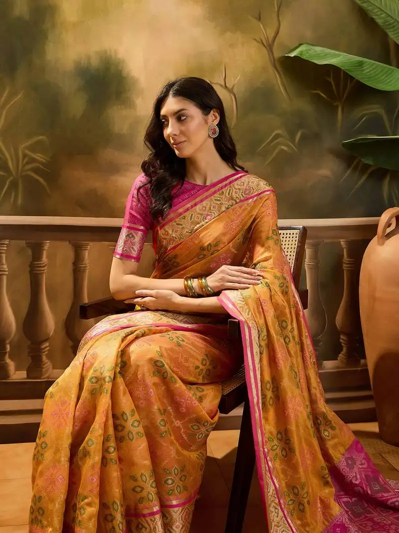 Women's mustard organza zari woven saree with unstitched blouse piece