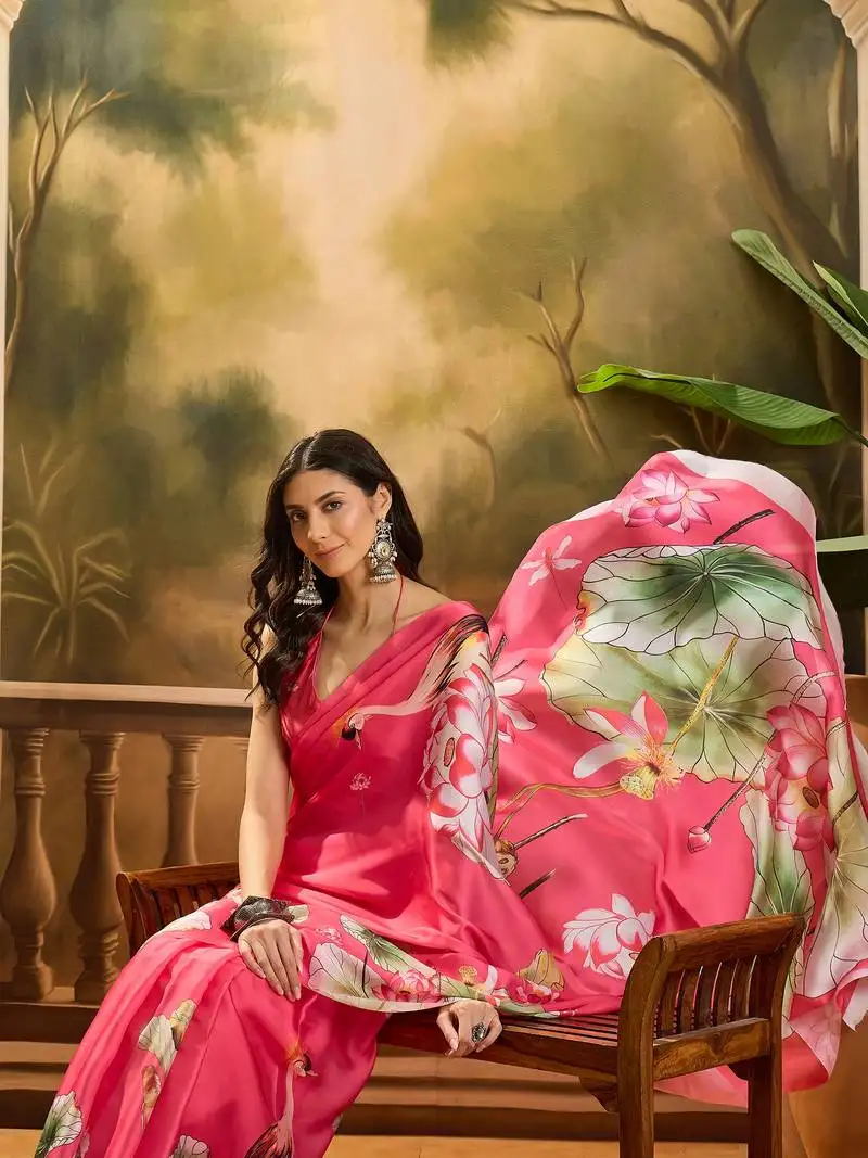 Women's gajari satin georgette printed saree with unstitched blouse piece