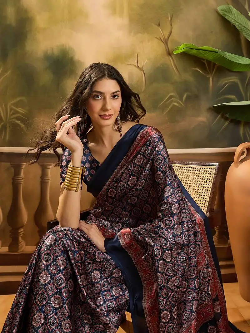 Women's navy blue satin printed saree with unstitched blouse piece