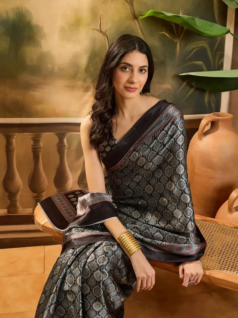Women's black satin printed saree with unstitched blouse piece
