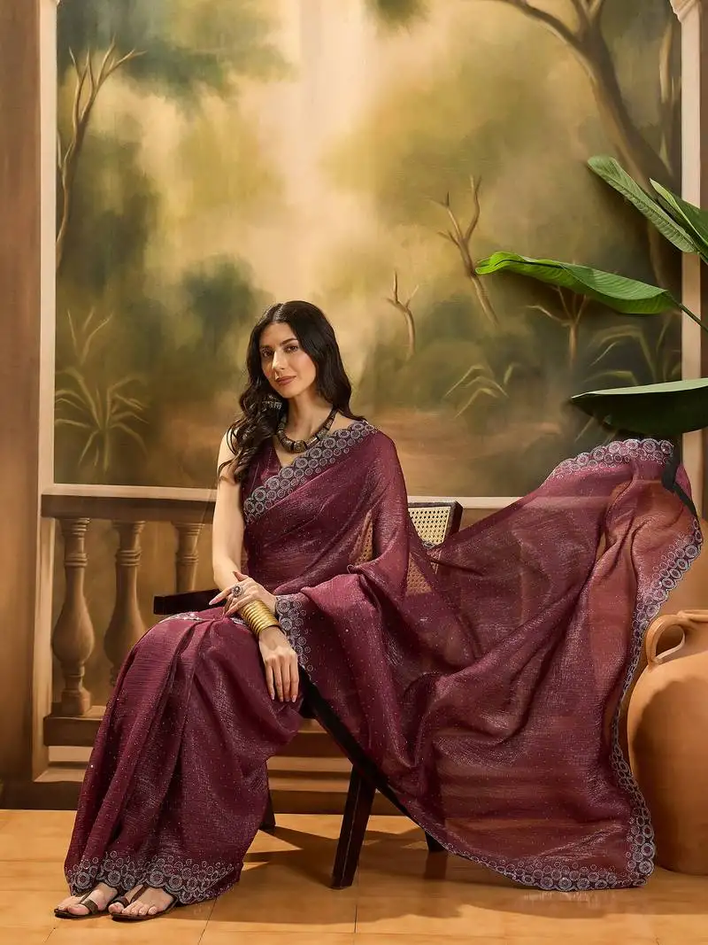Women's maroon chiffon beads & stone work saree with unstitched blouse piece