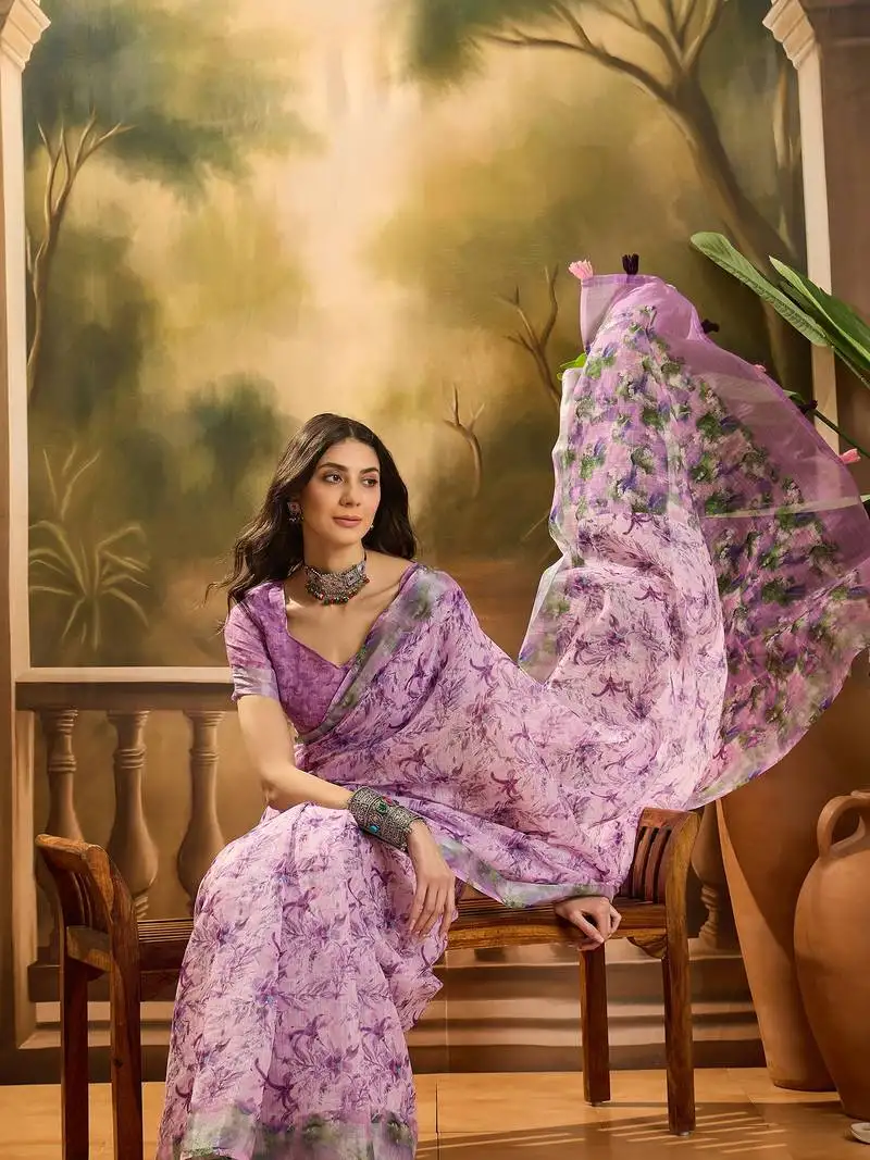 Women's lavender linen printed saree with unstitched blouse piece