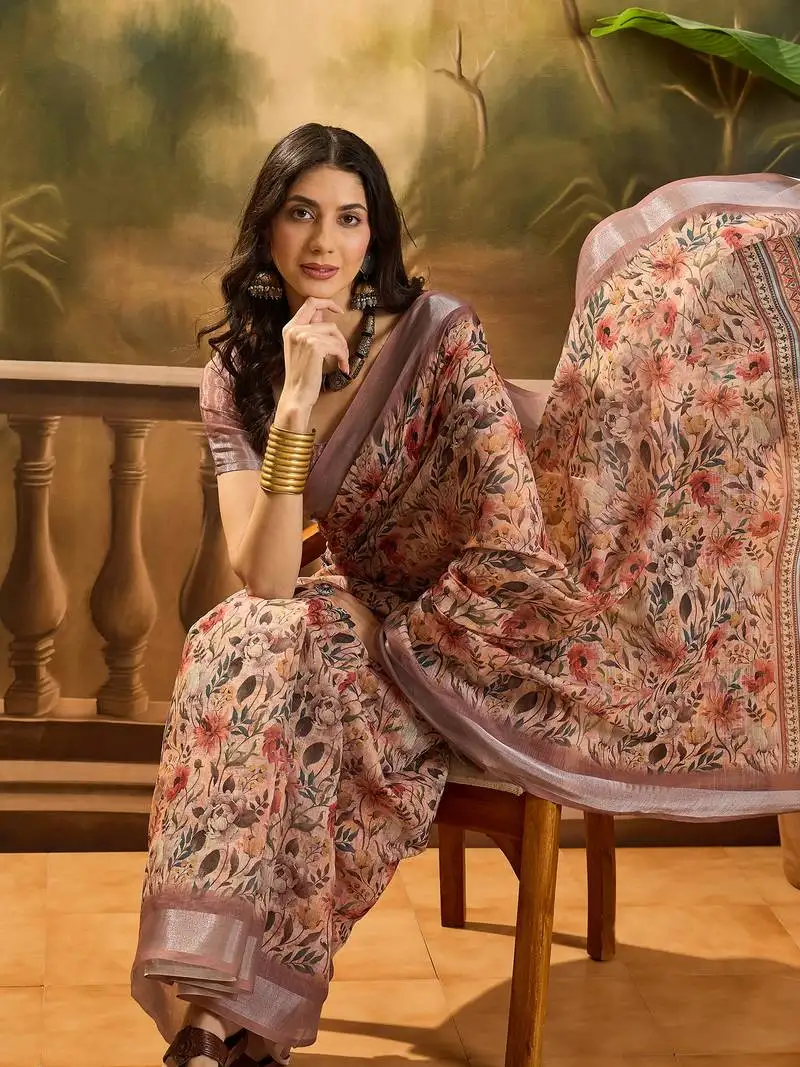 Women's brown linen printed saree with unstitched blouse piece