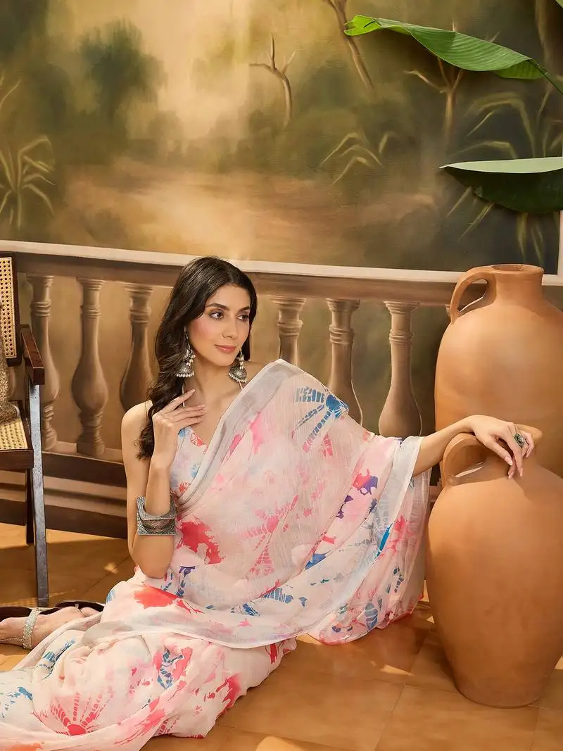 Women's off-white linen printed saree with unstitched blouse piece
