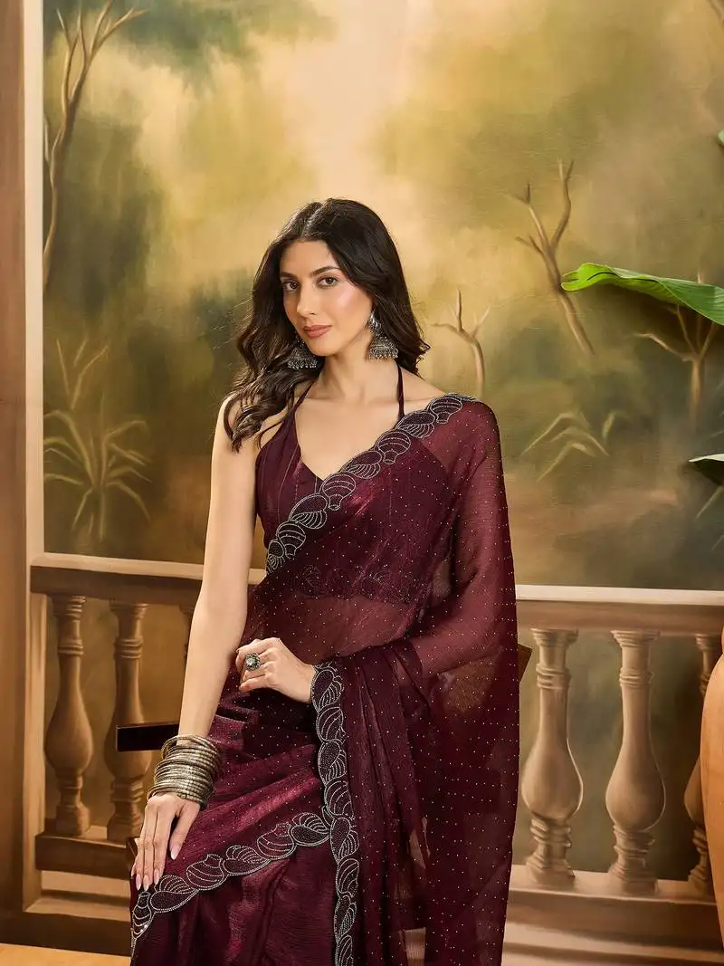 Women's coffee silk blend beads & stone work saree with unstitched blouse piece