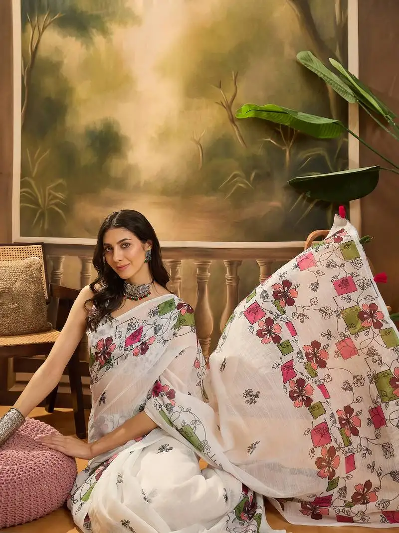 Women's cream linen printed saree with unstitched blouse piece