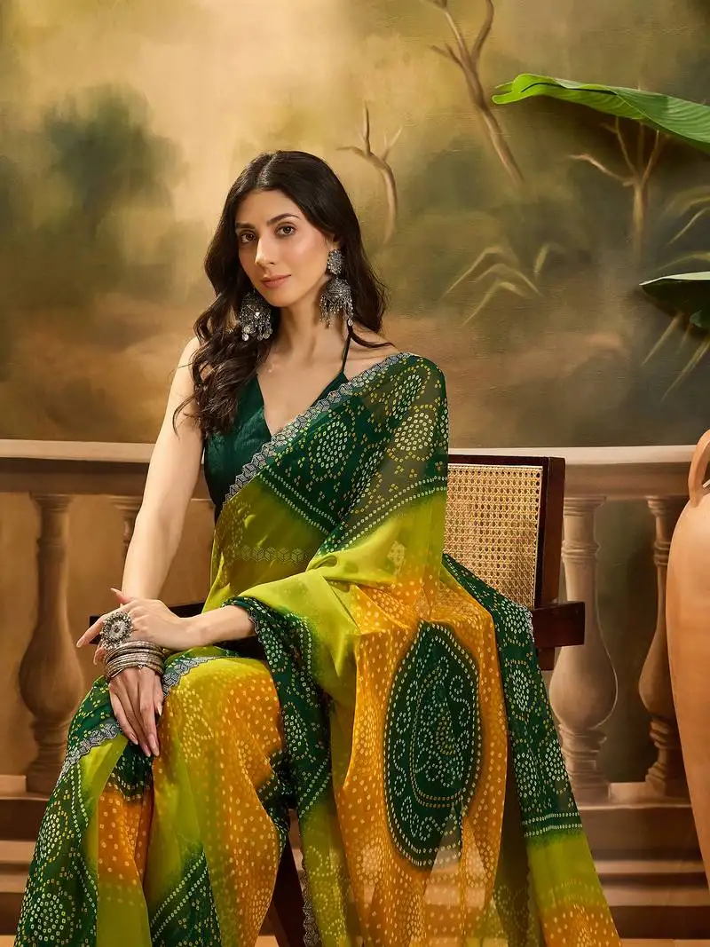 Women's multi georgette bandhani saree with unstitched blouse piece