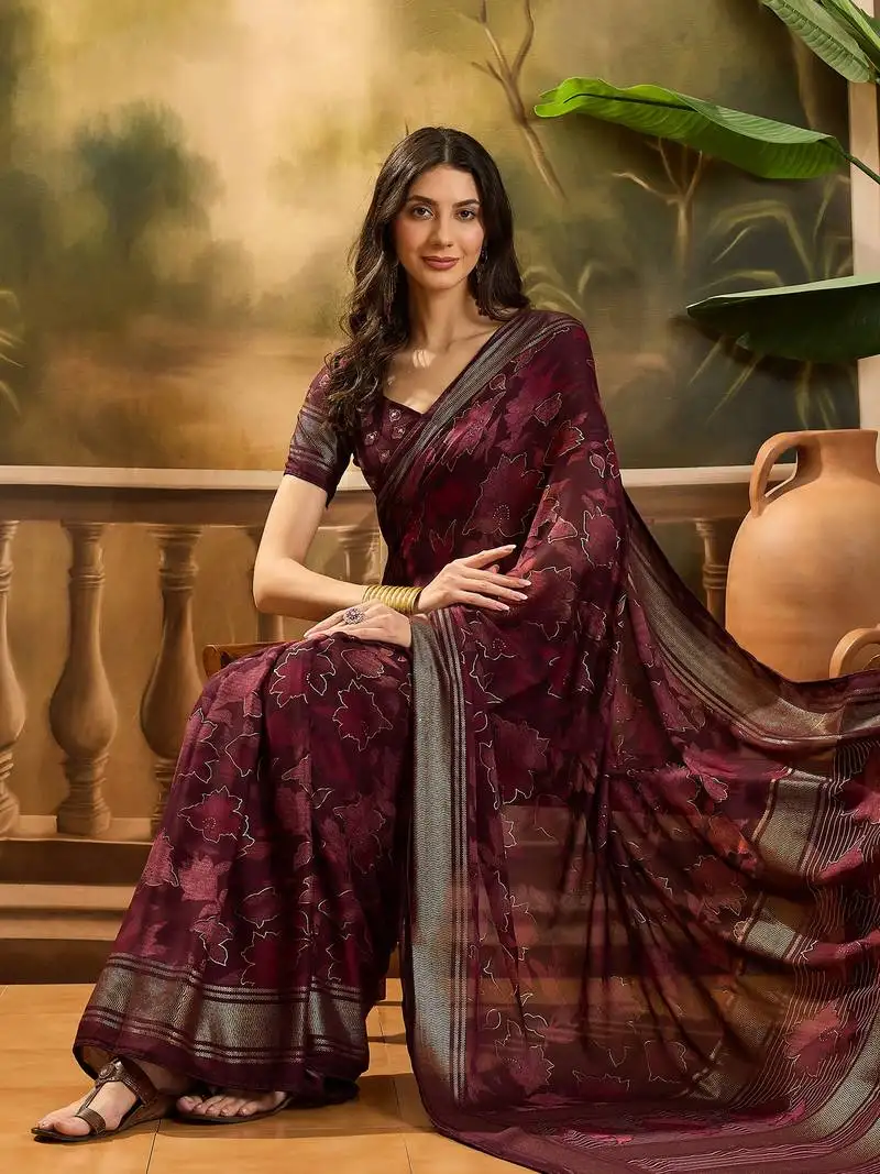 Women's maroon chiffon foil print saree with unstitched blouse piece