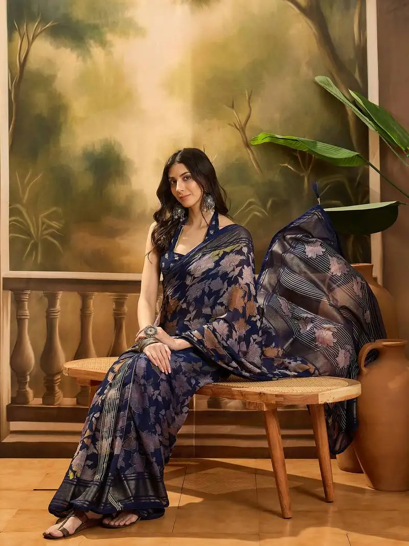 Women's navy blue chiffon foil print saree with unstitched blouse piece