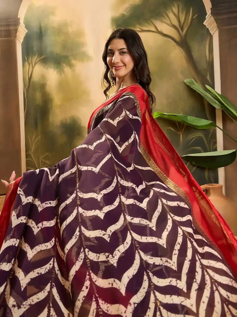 Women's wine chiffon foil print saree with unstitched blouse piece