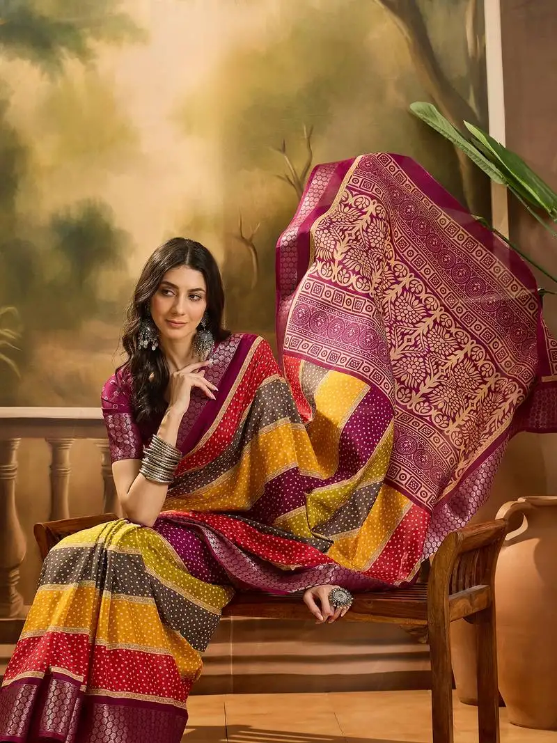 Women's wine silk cotton bandhani saree with unstitched blouse piece