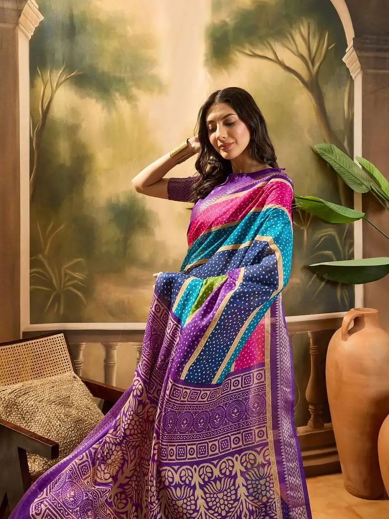 Women's purple silk cotton bandhani saree with unstitched blouse piece